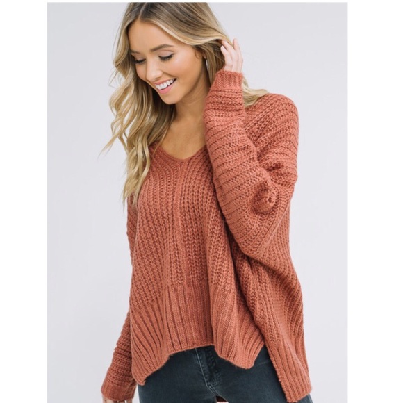 Haute Ellie Sweaters - Destini Oversized V-Neck Pullover Sweater